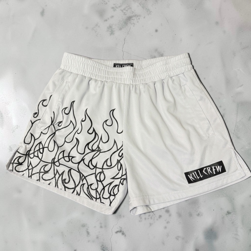 Kill Crew Flame Graphic Double Mesh Athletic Shorts, White, Size L